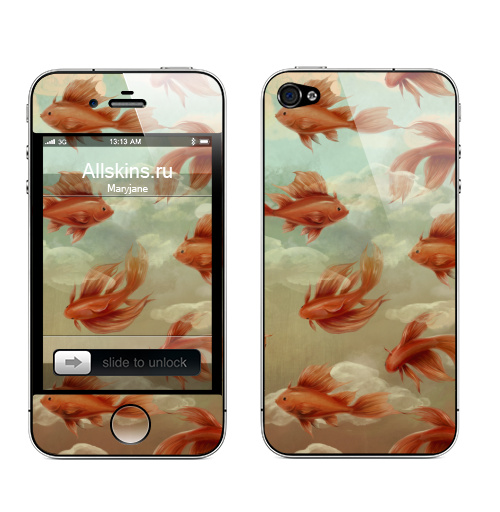 Наклейка на Телефон Apple iPhone 4S, 4 Красные рыбки,  купить в Москве – интернет-магазин Allskins, морская, рыба, паттерн, небо