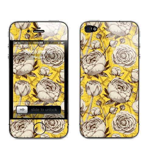 Наклейка на Телефон Apple iPhone 4S, 4 Пионы на желтом,  купить в Москве – интернет-магазин Allskins, мода, тренд, лето, желтый, бесшовный, паттерн, растение, пион, цветы
