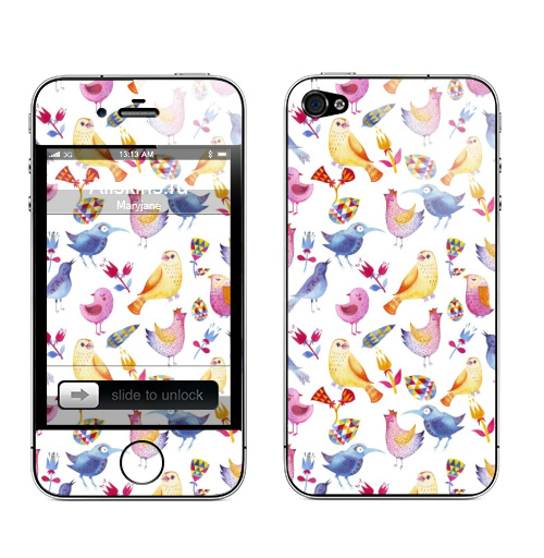 Наклейка на Телефон Apple iPhone 4S, 4 Разные птицы,  купить в Москве – интернет-магазин Allskins, птицы, Крылья, цветы, курица, акварель, ворона