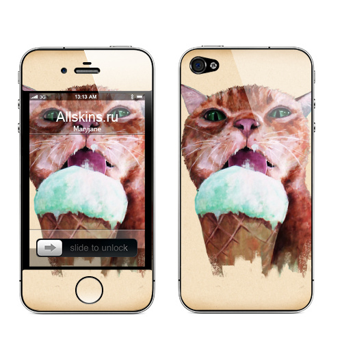 Наклейка на Телефон Apple iPhone 4S, 4 Кот который любит мороженое,  купить в Москве – интернет-магазин Allskins, милые животные, рыжая, лето, мороженое, кошка