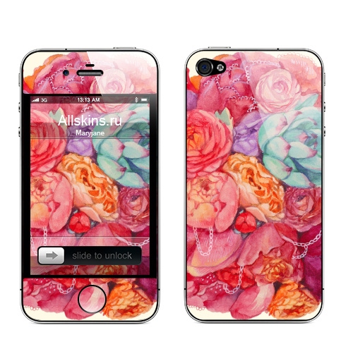 Наклейка на Телефон Apple iPhone 4S, 4 Летнее настроение,  купить в Москве – интернет-магазин Allskins, летняя, лето, розы, розовый, пионы, пион, цветы, букет