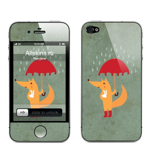 Наклейка на Телефон Apple iPhone 4S, 4 Лис и зайчик,  купить в Москве – интернет-магазин Allskins, дружба, заяц, лиса, животные, детские, любовь