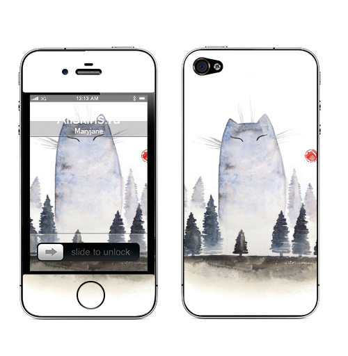 Наклейка на Телефон Apple iPhone 4S, 4 Кот туманный,  купить в Москве – интернет-магазин Allskins, акварель, туман, лес, кошка
