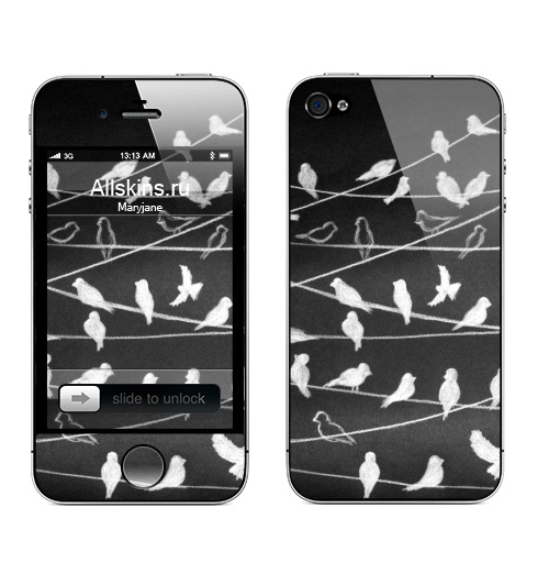 Наклейка на Телефон Apple iPhone 4S, 4 Птицы на проводах,  купить в Москве – интернет-магазин Allskins, птицы, графика, небо, черно-белое, монохром