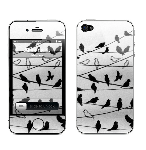 Наклейка на Телефон Apple iPhone 4S, 4 Птицы на проводах - белый фон,  купить в Москве – интернет-магазин Allskins, черно-белое, монохром, черное и белое, небо, графика, птицы