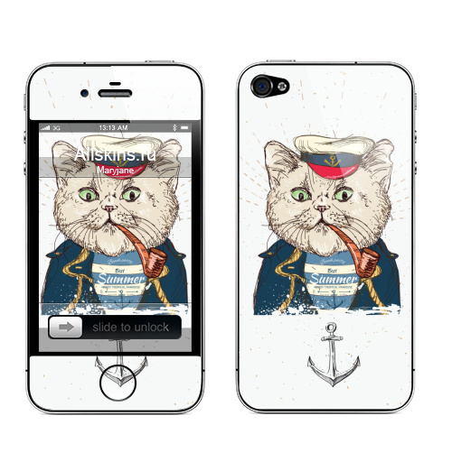 Наклейка на Телефон Apple iPhone 4S, 4 Пират-кот,  купить в Москве – интернет-магазин Allskins, милые животные, лето, мода, морская, пират, кошка, животные