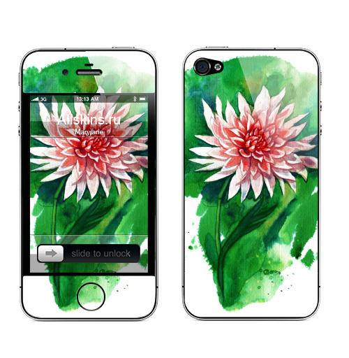 Наклейка на Телефон Apple iPhone 4S, 4 Цветок георгина,  купить в Москве – интернет-магазин Allskins, цветы, акварель, лето, брызги, пятна, абстракция, зеленый