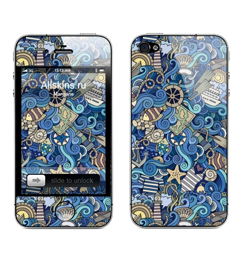 Наклейка на Телефон Apple iPhone 4S, 4 Море море...,  купить в Москве – интернет-магазин Allskins, подводная, океаны, морячок, корабль, рыба, синий, морская, паттерн