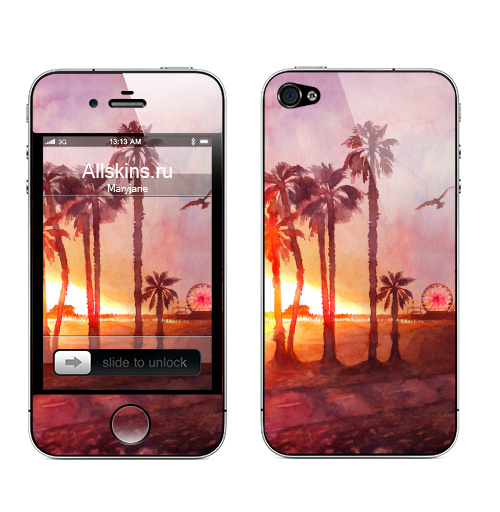 Наклейка на Телефон Apple iPhone 4S, 4 Закат в Санта Монике,  купить в Москве – интернет-магазин Allskins, красный, яркий, пейзаж, летний, лето, пальма, пальмы, солнце