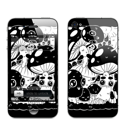 Наклейка на Телефон Apple iPhone 4S, 4 Глазастые грибы,  купить в Москве – интернет-магазин Allskins, черно-белое, грибы, глаз, черное и белое, мультфильмы, растение, графика, веселый, лес