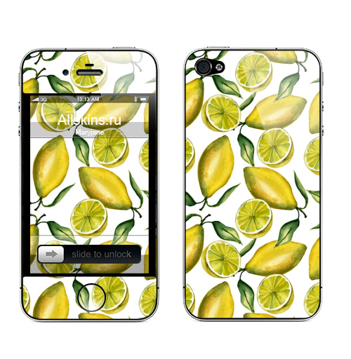 Наклейка на Телефон Apple iPhone 4S, 4 Лимоны,  купить в Москве – интернет-магазин Allskins, паттерн, желтый, фрукты, лимон