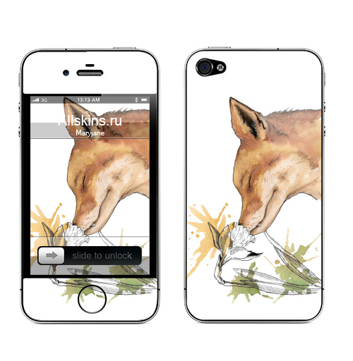 Наклейка на Телефон Apple iPhone 4S, 4 Лис,  купить в Москве – интернет-магазин Allskins, животные, лиса, акварель, цветы, графика