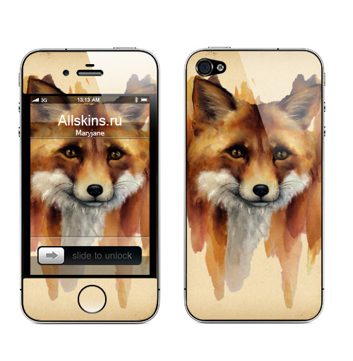 Наклейка на Телефон Apple iPhone 4S, 4 Рыжая лиса,  купить в Москве – интернет-магазин Allskins, крутые животные, лиса, животные, рыжая, акварель