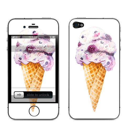 Наклейка на Телефон Apple iPhone 4S, 4 Мороженка,  купить в Москве – интернет-магазин Allskins, вкусняшки, ягоды, черника, ежевика, еда, сладости, фрукты, лето, акварель, мороженое