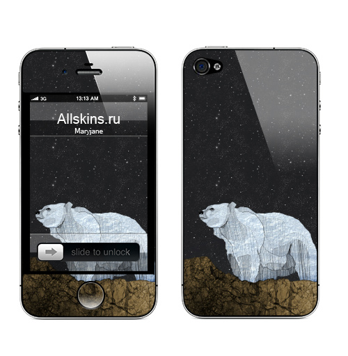 Наклейка на Телефон Apple iPhone 4S, 4 Мишка,  купить в Москве – интернет-магазин Allskins, крутые животные, луна, камни, горы, ночь, медведь