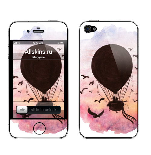 Наклейка на Телефон Apple iPhone 4S, 4 Воздушный шар на закате,  купить в Москве – интернет-магазин Allskins, полёт, небо, шар, солнце, лето, акварель, птицы, розовый, путешествия, приключения
