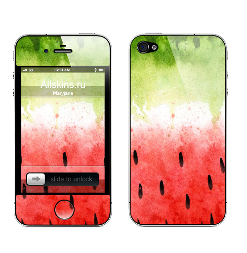 Наклейка на Телефон Apple iPhone 4S, 4 Арбузный принт,  купить в Москве – интернет-магазин Allskins, ягоды, брызги, яркий, лето, зеленый, красный, арбуз, акварель