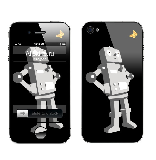 Наклейка на Телефон Apple iPhone 4S, 4 Robotics,  купить в Москве – интернет-магазин Allskins, робот, любовь, бабочки, для влюбленных, детские