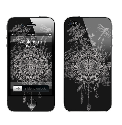 Наклейка на Телефон Apple iPhone 4S, 4 Русское поле,  купить в Москве – интернет-магазин Allskins, графика, череп, птицы, стрекоза, мандала, узор, ловец, крапива, черный