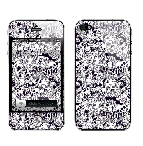 Наклейка на Телефон Apple iPhone 4S, 4 Серия Хэллоуин, черепа и кости, черный и белый,  купить в Москве – интернет-магазин Allskins, зомби, комиксы, граффити, белый, черный, хэллоуин, глаз, кости, череп