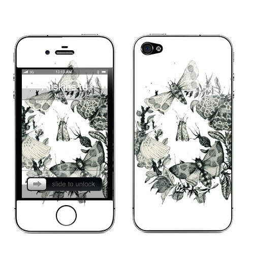 Наклейка на Телефон Apple iPhone 4S, 4 Мотыли,  купить в Москве – интернет-магазин Allskins, цветы, листья, Ветки, иллюстрации, графика, лето, лес, мотыль, бабочки