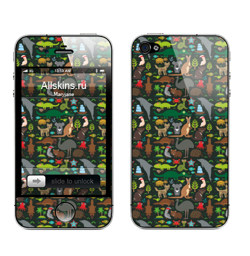 Наклейка на Телефон Apple iPhone 4S, 4 Животные Австралии на черном фоне,  купить в Москве – интернет-магазин Allskins, Австралии, животные, паттерн, графика, цвет, разноцветный, синий, зеленый, яркий