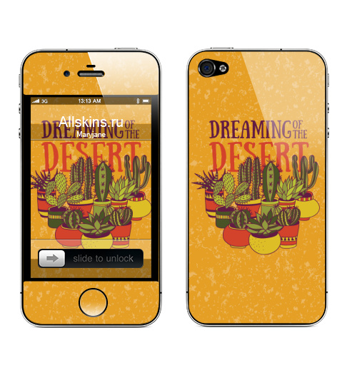 Наклейка на Телефон Apple iPhone 4S, 4 Мечтая о пустыне,  купить в Москве – интернет-магазин Allskins, цветы, суккулент, пустыня, лето, растение, оранжевый, желтый, песок, колючка