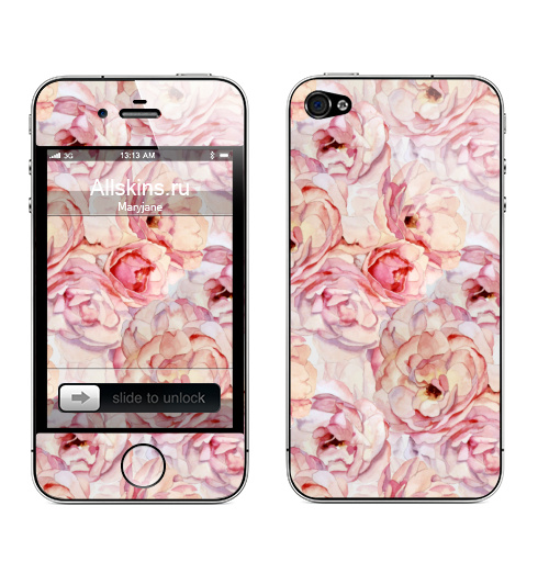 Наклейка на Телефон Apple iPhone 4S, 4 Розы аромат,  купить в Москве – интернет-магазин Allskins, цветы, розовый, розы, узор, паттерн, винтаж, акварель