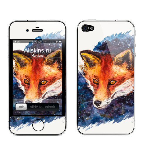 Наклейка на Телефон Apple iPhone 4S, 4 Космолиса,  купить в Москве – интернет-магазин Allskins, крутые животные, лиса, животные, яркий, оранжевый, синий, рыжая