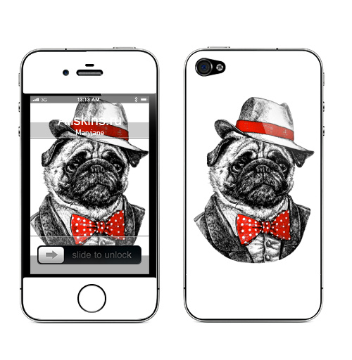 Наклейка на Телефон Apple iPhone 4S, 4 Мопс босс,  купить в Москве – интернет-магазин Allskins, крутые животные, шляпа, графика, Мопс, животные, собаки