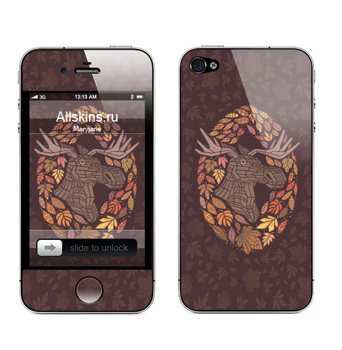 Наклейка на Телефон Apple iPhone 4S, 4 Лось,  купить в Москве – интернет-магазин Allskins, лось, осень, листья, животные, абстракция