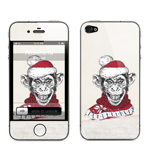 Наклейка на Телефон Apple iPhone 4S, 4 Новогодняя обезьяна,  купить в Москве – интернет-магазин Allskins, животные, новый год, свитер, зима, красный