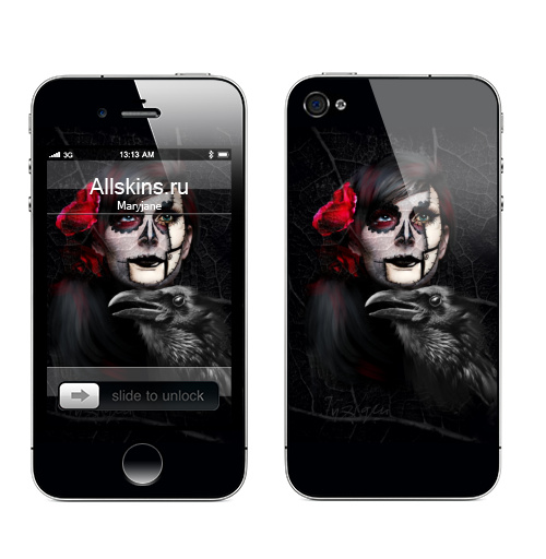 Наклейка на Телефон Apple iPhone 4S, 4 Девушка и ворон,  купить в Москве – интернет-магазин Allskins, коллаж, черный, хэллоуин, ворона, девушка