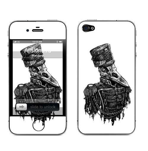 Наклейка на Телефон Apple iPhone 4S, 4 Враноголовый,  купить в Москве – интернет-магазин Allskins, черно-белое, ворона, птицы, черный, графика, череп, военные, татуировки