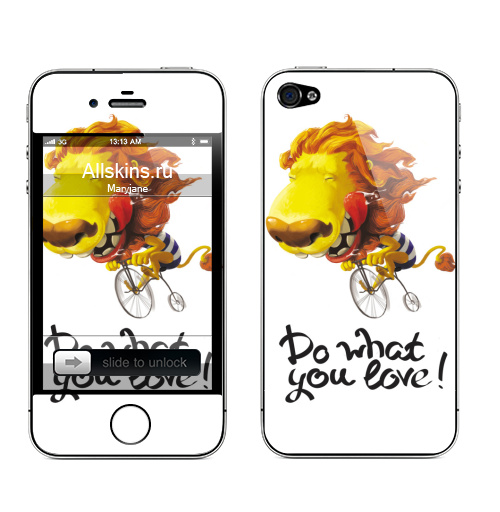 Наклейка на Телефон Apple iPhone 4S, 4 Лев на велосипеде,  купить в Москве – интернет-магазин Allskins, милые животные, мультфильмы, персонажи, велосипед, лев, улыбка, желтый, животные, надписи, надписи на английском