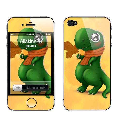 Наклейка на Телефон Apple iPhone 4S, 4 Милый Дино,  купить в Москве – интернет-магазин Allskins, оранжевый, шарф, листья, осень, зеленый, динозавры, иллюстрации