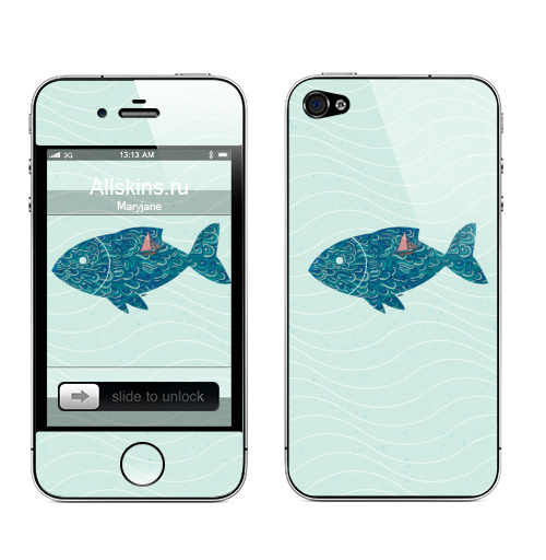 Наклейка на Телефон Apple iPhone 4S, 4 • Рыба • ,  купить в Москве – интернет-магазин Allskins, рыба, морская, гра, графика, иллюстация, корабль, цветы, цвет
