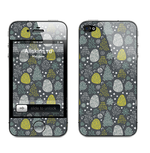 Наклейка на Телефон Apple iPhone 4S, 4 Первые заморозки,  купить в Москве – интернет-магазин Allskins, снег, зеленый, паттерн, деревья, ночь, ноябрь, осень, лес