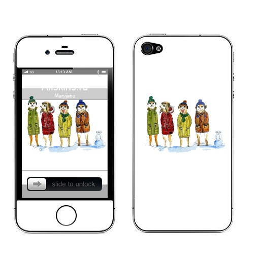 Наклейка на Телефон Apple iPhone 4S, 4 Сурикаты с помпонами,  купить в Москве – интернет-магазин Allskins, акварель, животные, прикол, графика, детские, персонажи, сурикаты, зима, новый год