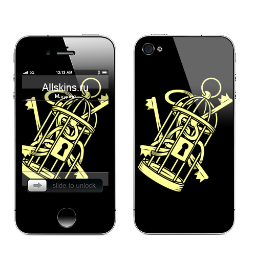 Наклейка на Телефон Apple iPhone 4S, 4 Золотые ключи в золотой клетке,  купить в Москве – интернет-магазин Allskins, черный, графика, ключ