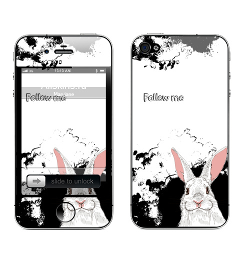 Наклейка на Телефон Apple iPhone 4S, 4 Следуй за белым кроликом,  купить в Москве – интернет-магазин Allskins, надписи на английском, заяц, белый, графика, надписи, черный, черно-белое, кролики, животные, зима