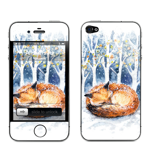 Наклейка на Телефон Apple iPhone 4S, 4 Зимняя лисичка,  купить в Москве – интернет-магазин Allskins, акварель, снег, мимими, зима, лиса, новый год, лес, животные, мило