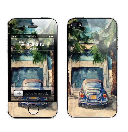Наклейка на Телефон Apple iPhone 4S, 4 Под пальмами,  купить в Москве – интернет-магазин Allskins, цвет, улица, красота, европа, настроение, город, зеленый, художник, Фольксваген