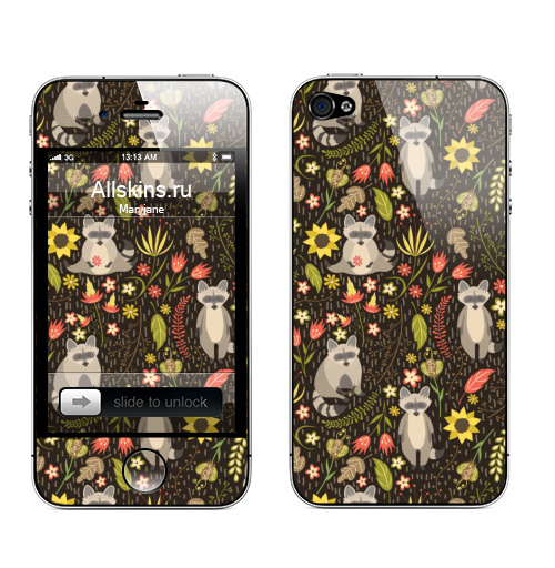 Наклейка на Телефон Apple iPhone 4S, 4 Еноты,  купить в Москве – интернет-магазин Allskins, енот, животные, цветы, лес, забавный