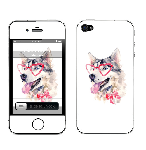 Наклейка на Телефон Apple iPhone 4S, 4 Модная собака,  купить в Москве – интернет-магазин Allskins, крутые животные, милые животные, мило, хаски, розовый, очки, акварель, собаки, детские