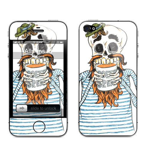 Наклейка на Телефон Apple iPhone 4S, 4 Кофе-брейк,  купить в Москве – интернет-магазин Allskins, чай и кофе, череп, скелет, любовь, морская, рыбалка, борода