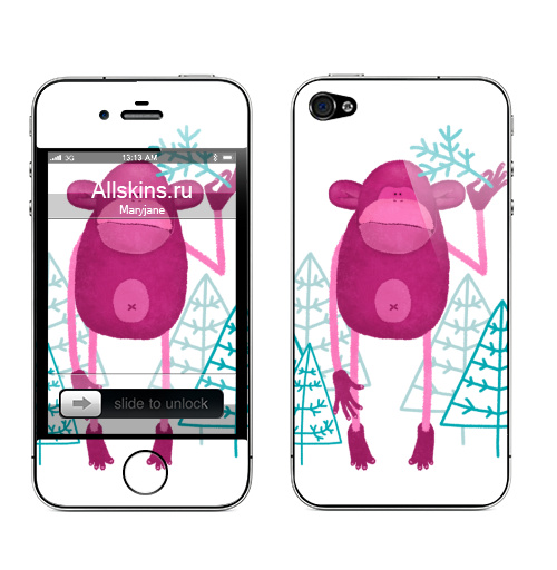 Наклейка на Телефон Apple iPhone 4S, 4 Обезьяна с приветом,  купить в Москве – интернет-магазин Allskins, обезьяна, новый год, веточка, зима, елочка, пикник, лапы