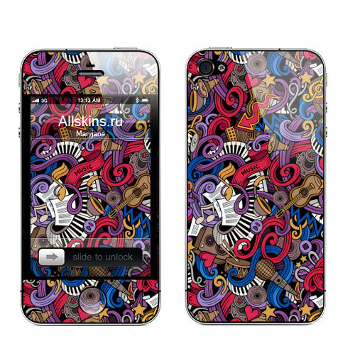 Наклейка на Телефон Apple iPhone 4S, 4 МьюзикДудл,  купить в Москве – интернет-магазин Allskins, джаз, пианино, инструменты, ноты, иллюстация, дудлы, музыка, музыкант, гитара, музыкальные, танцы, мелодия