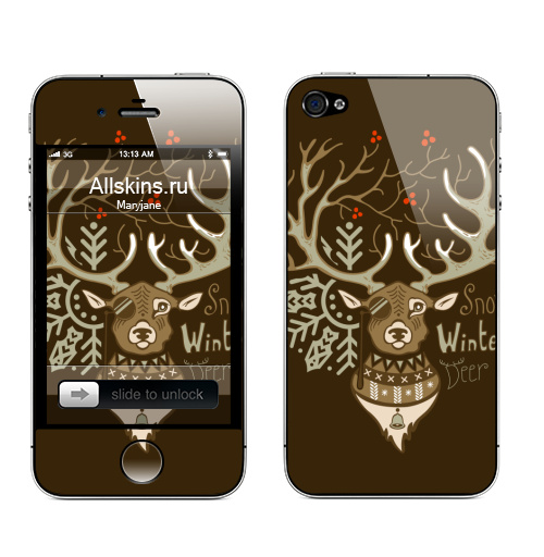 Наклейка на Телефон Apple iPhone 4S, 4 Олень зимний,  купить в Москве – интернет-магазин Allskins, новый год, снег, зима, олень, свитер