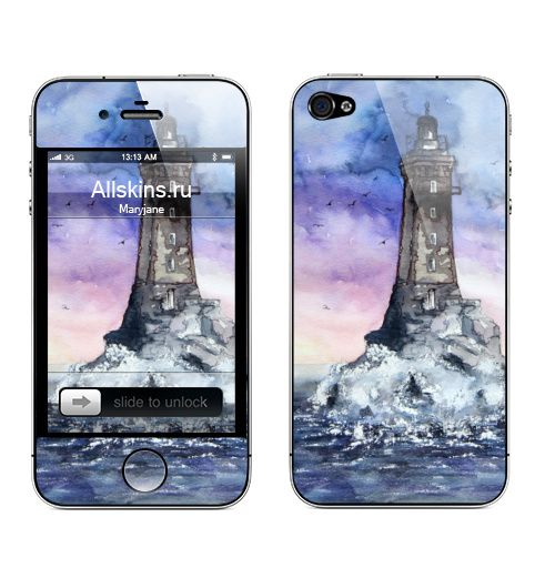 Наклейка на Телефон Apple iPhone 4S, 4 Старый маяк,  купить в Москве – интернет-магазин Allskins, цвет, красота, небо, настроение, фиолетовый, вода, акварель, природа, город